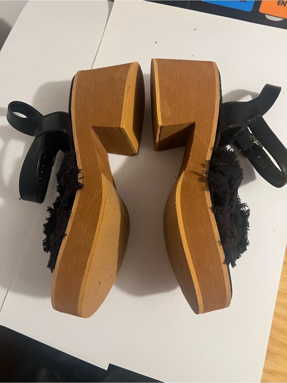 Black Fabric Strap Platform Sandals with Brown Wood-Effect Heel - Picture 7 of 8